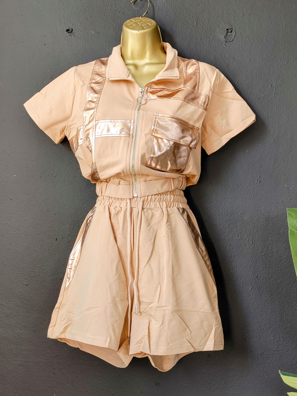 Peach Short Sleeve Zip Romper with Metallic Trim